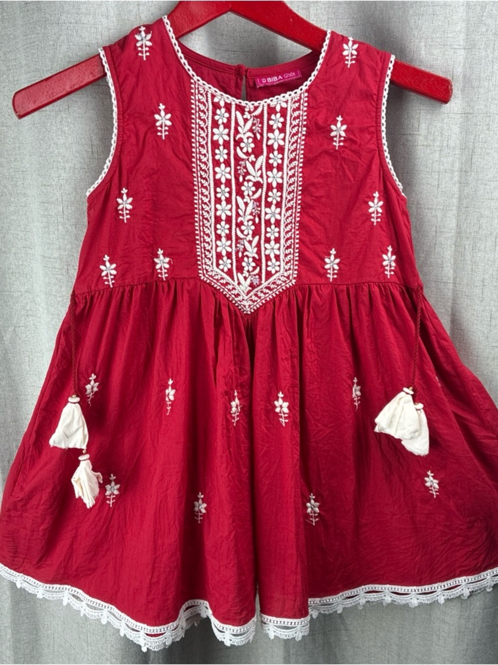 Biba Girls Red Cotton Dress XS S Embroidered Indian Frock Fair Isle Vibe  4 5 *